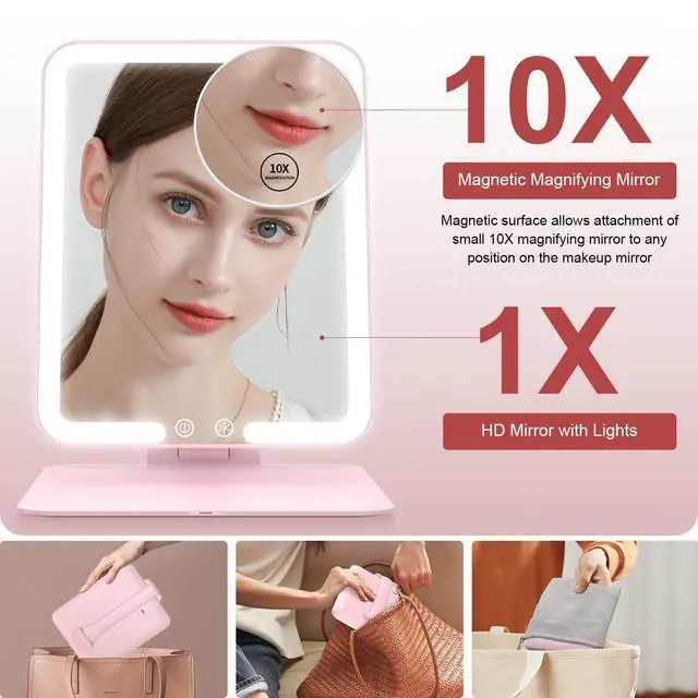 Alt view image 5 of 7 - Travel Makeup Mirror with Lights and Magnification 10X, Portable Make Up Compact Tabletop Mirror with Adjustable Stand, 3 Colored Lights Rechargeable Lighted LED Vanity Mirror - Pink