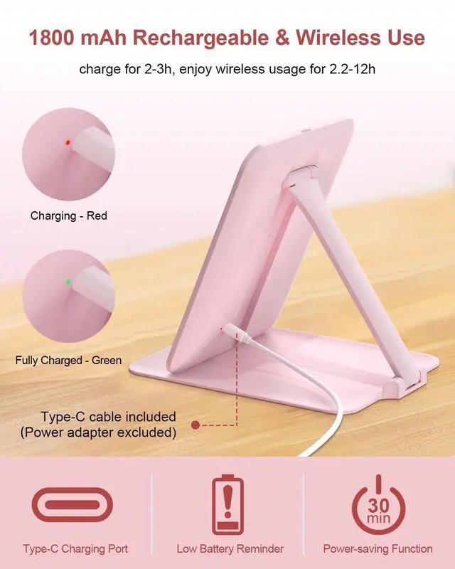 Alt view image 6 of 7 - Travel Makeup Mirror with Lights and Magnification 10X, Portable Make Up Compact Tabletop Mirror with Adjustable Stand, 3 Colored Lights Rechargeable Lighted LED Vanity Mirror - Pink