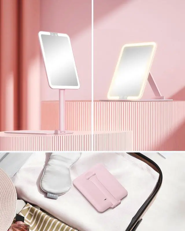 Alt view image 7 of 7 - Travel Makeup Mirror with Lights and Magnification 10X, Portable Make Up Compact Tabletop Mirror with Adjustable Stand, 3 Colored Lights Rechargeable Lighted LED Vanity Mirror - Pink