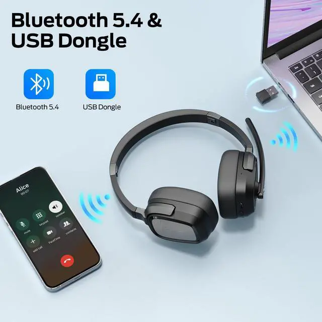 Alt view image 3 of 7 - VoiceLink 200 Wireless Headset with Mic for Work, Bluetooth V5.4 Headphones with AI Noise Cancelling Mic & USB Dongle, 60H Playtime & Mic Mute for Computer/Laptop/PC/iPhone/Android