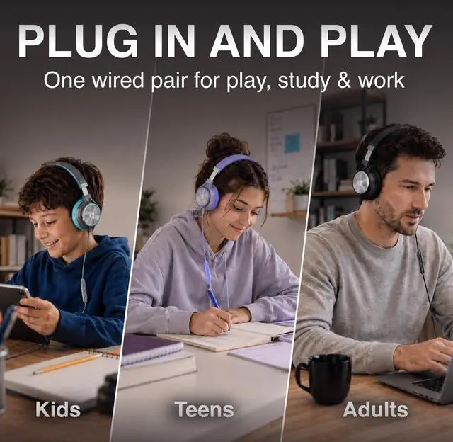 Alt view image 2 of 7 - Adults & Kids Headphones with Cord, Microphone & Volume Control - Wired Headphones with Mic, Plug In Teens Corded Head phones Wire for Laptop, Computer, Chromebook, iPad & Tablet 3.5mm Aux