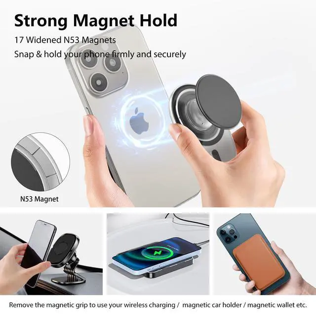 Alt view image 2 of 6 - for MagSafe Phone Grip, Magnetic Phone Grips, Expandable Collapsible Mobile Phone Grip Stand Holder with Kickstand for Magsafe Stand Compatible for iPhone 17 16 15 14 13 Series,Transparent Black