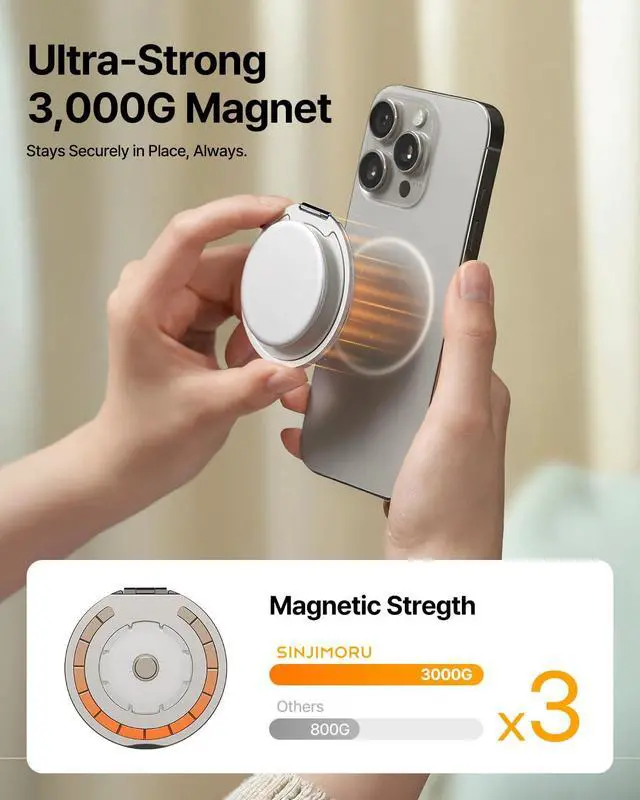 Alt view image 4 of 7 - for MagSafe Phone Grip 3000G Magnetic Hold, Soft Silicone Comfort, Metal Plate Included, iPhone 17/16/15/14/13, M-Tap Tok Ring Stand Silver