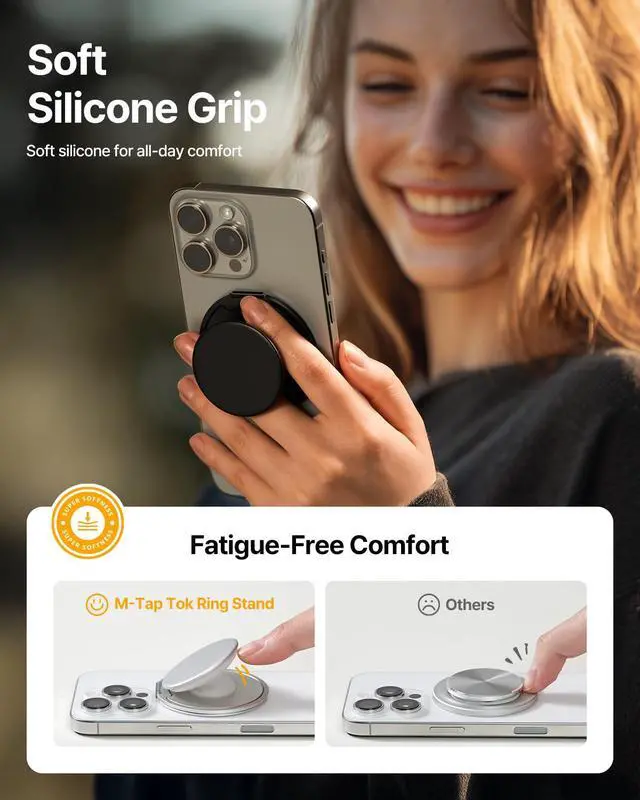 Alt view image 2 of 7 - for MagSafe Phone Grip 3000G Magnetic Hold, Soft Silicone Comfort, Metal Plate Included, iPhone 17/16/15/14/13, M-Tap Tok Ring Stand Silver