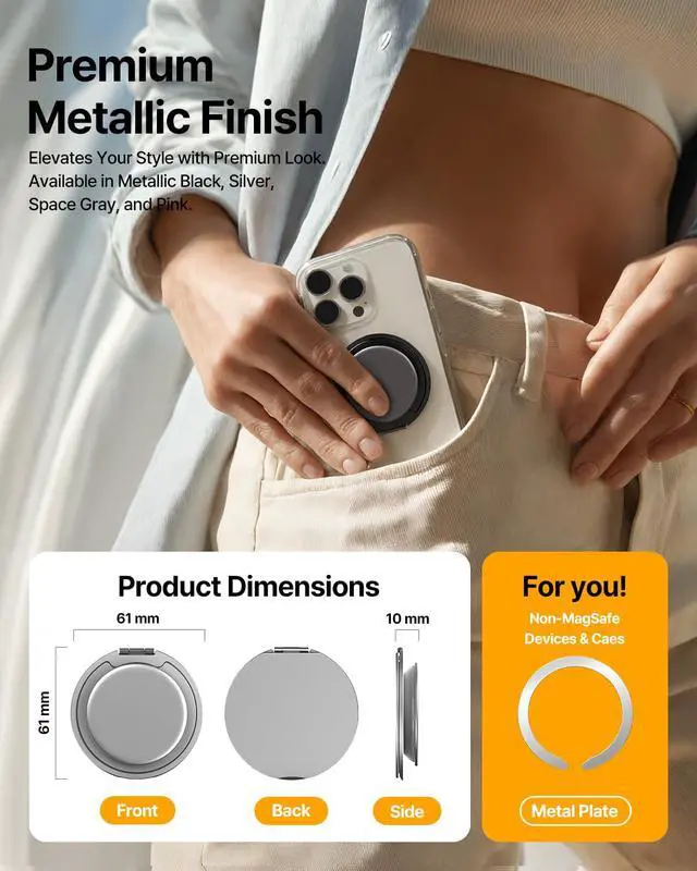 Alt view image 6 of 7 - for MagSafe Phone Grip 3000G Magnetic Hold, Soft Silicone Comfort, Metal Plate Included, iPhone 17/16/15/14/13, M-Tap Tok Ring Stand Silver
