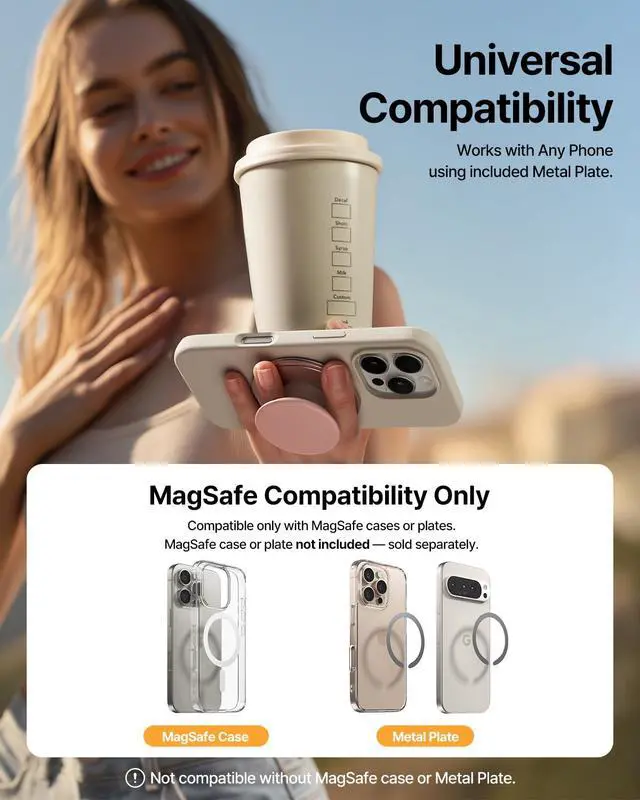 Alt view image 7 of 7 - for MagSafe Phone Grip 3000G Magnetic Hold, Soft Silicone Comfort, Metal Plate Included, iPhone 17/16/15/14/13, M-Tap Tok Ring Stand Silver