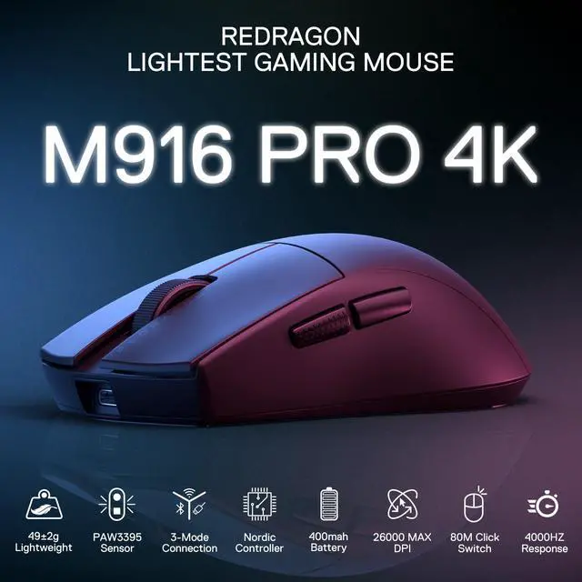 Alt view image 2 of 7 - 3-Mode Wireless Gaming Mouse, Hype-Speed 4K Polling Rate, 49G Ultra-Light 26K DPI Mouse w/Ergonomic Natural Grip Build, Redefinable Macro Buttons, Software Supported