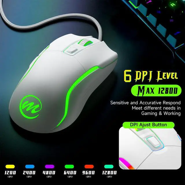 Alt view image 2 of 7 - Wired Gaming Mouse with RGB - 6 Adjustable DPI up to 12800, 6 Buttons, 12 Lighting Modes, Ergonomic Design with Anti-Slip Rubber Wheel, 5.6ft Braided Cable for PC/Mac/Windows - White