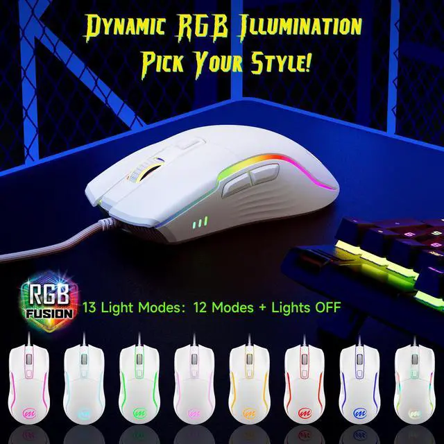Alt view image 3 of 7 - Wired Gaming Mouse with RGB - 6 Adjustable DPI up to 12800, 6 Buttons, 12 Lighting Modes, Ergonomic Design with Anti-Slip Rubber Wheel, 5.6ft Braided Cable for PC/Mac/Windows - White