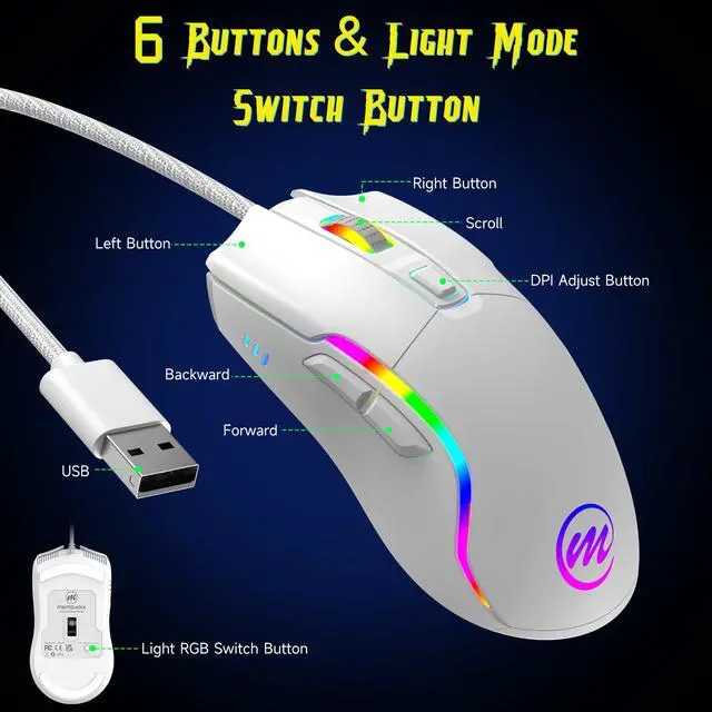 Alt view image 4 of 7 - Wired Gaming Mouse with RGB - 6 Adjustable DPI up to 12800, 6 Buttons, 12 Lighting Modes, Ergonomic Design with Anti-Slip Rubber Wheel, 5.6ft Braided Cable for PC/Mac/Windows - White