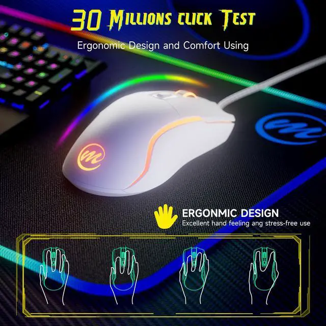 Alt view image 5 of 7 - Wired Gaming Mouse with RGB - 6 Adjustable DPI up to 12800, 6 Buttons, 12 Lighting Modes, Ergonomic Design with Anti-Slip Rubber Wheel, 5.6ft Braided Cable for PC/Mac/Windows - White