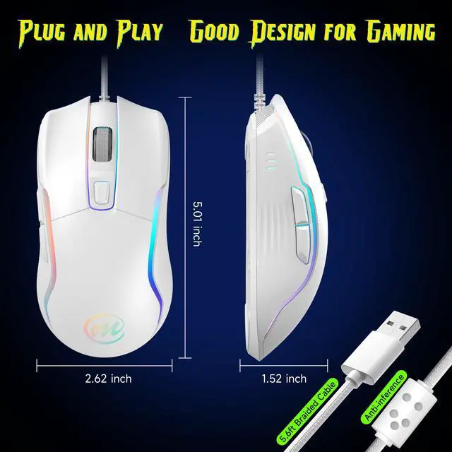 Alt view image 6 of 7 - Wired Gaming Mouse with RGB - 6 Adjustable DPI up to 12800, 6 Buttons, 12 Lighting Modes, Ergonomic Design with Anti-Slip Rubber Wheel, 5.6ft Braided Cable for PC/Mac/Windows - White