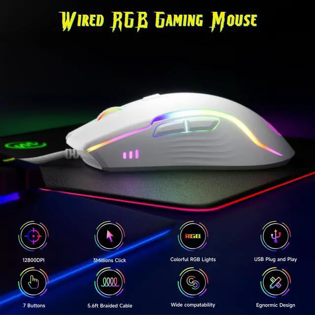 Alt view image 7 of 7 - Wired Gaming Mouse with RGB - 6 Adjustable DPI up to 12800, 6 Buttons, 12 Lighting Modes, Ergonomic Design with Anti-Slip Rubber Wheel, 5.6ft Braided Cable for PC/Mac/Windows - White