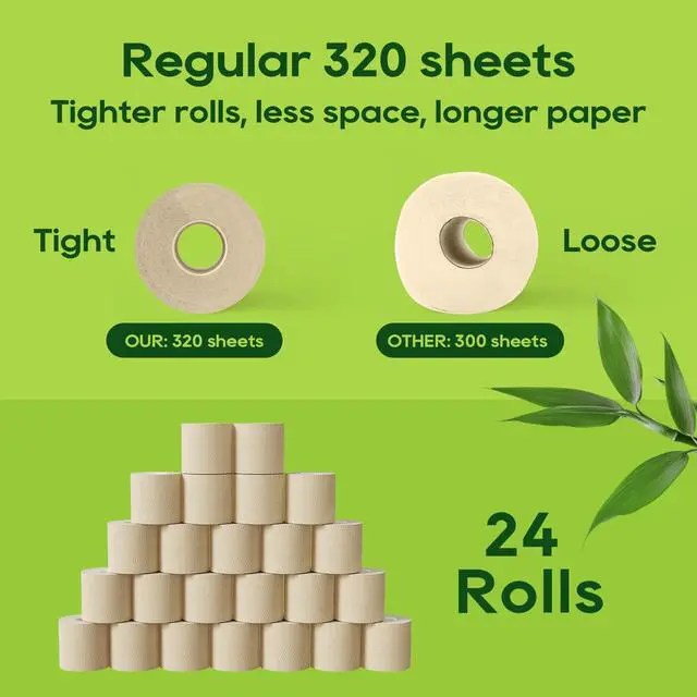 Alt view image 7 of 7 - Bamboo Toilet Paper, Septic Safe Toilet Tissue, 24 Double Rolls, 320 Sheets Per Roll, Tree Free, Non Toxic, 2 Ply, Soft and Absorbent, Eco Friendly Dye-Free Paper, Nature