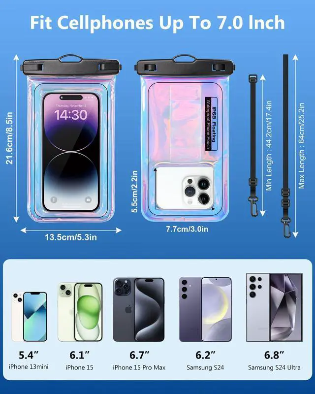 Alt view image 3 of 7 - Waterproof Phone Pouch Floating, IPX68 Waterproof Phone Case with Lanyard for iPhone 17 16 15 14 Pro Max Samsung S26 S25 S24, Up to 7 Inch, Beach Vacation Essentials, Dazzling Purple
