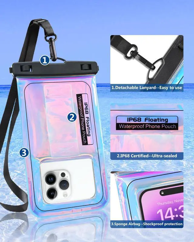 Alt view image 7 of 7 - Waterproof Phone Pouch Floating, IPX68 Waterproof Phone Case with Lanyard for iPhone 17 16 15 14 Pro Max Samsung S26 S25 S24, Up to 7 Inch, Beach Vacation Essentials, Dazzling Purple