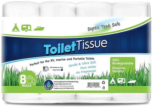Main image of Septic Tank Safe Toilet Tissue for Campers and RVs Biodegradable Marine Toilet Paper for Boats, Fragrance-Free 2-Ply RV Toilet Paper (8 Rolls, 500 Sheets Each)