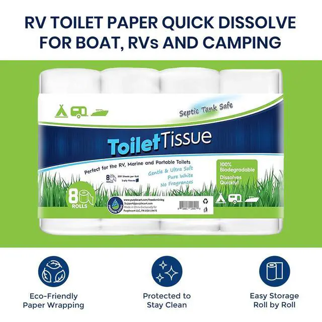 Alt view image 2 of 7 - Septic Tank Safe Toilet Tissue for Campers and RVs Biodegradable Marine Toilet Paper for Boats, Fragrance-Free 2-Ply RV Toilet Paper (8 Rolls, 500 Sheets Each)