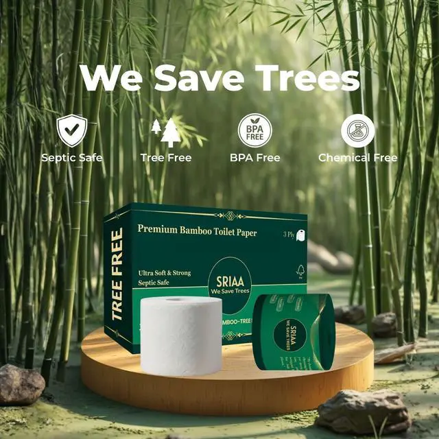 Alt view image 2 of 7 - 100% Bamboo Tree-Free Toilet Paper 24 Premium Mega Rolls 3-Ply 300 Sheets