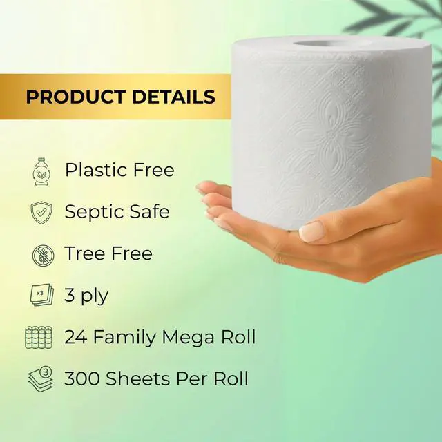 Alt view image 5 of 7 - 100% Bamboo Tree-Free Toilet Paper 24 Premium Mega Rolls 3-Ply 300 Sheets