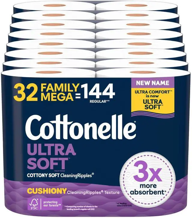 Main image of Ultra Soft Toilet Paper with Cushiony CleaningRipples Texture, 32 Family Mega Rolls = 144 Regular Rolls (8 Packs of 4)