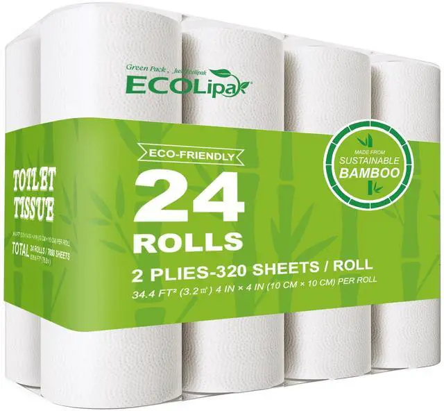 Main image of Bamboo Toilet Paper, Septic Safe Toilet Tissue, 24 Double Rolls, 320 Sheets Per Roll, Tree Free, Non Toxic, 2 Ply, Soft and Absorbent, Eco Friendly Dye-Free Paper