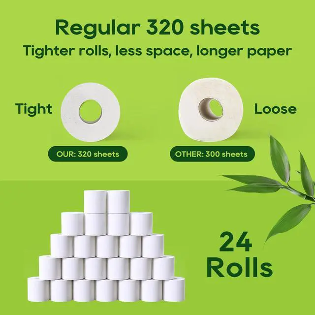 Alt view image 5 of 7 - Bamboo Toilet Paper, Septic Safe Toilet Tissue, 24 Double Rolls, 320 Sheets Per Roll, Tree Free, Non Toxic, 2 Ply, Soft and Absorbent, Eco Friendly Dye-Free Paper