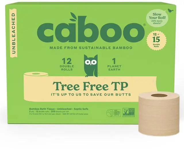 Main image of Tree Free Unbleached Toilet Paper | Plastic Free Packaging, Septic Safe, Eco Friendly, Chemical Free, Non Toxic | 2 Ply Toilet Tissue, Pack of 12 Double Rolls, 300 Sheets Per Roll