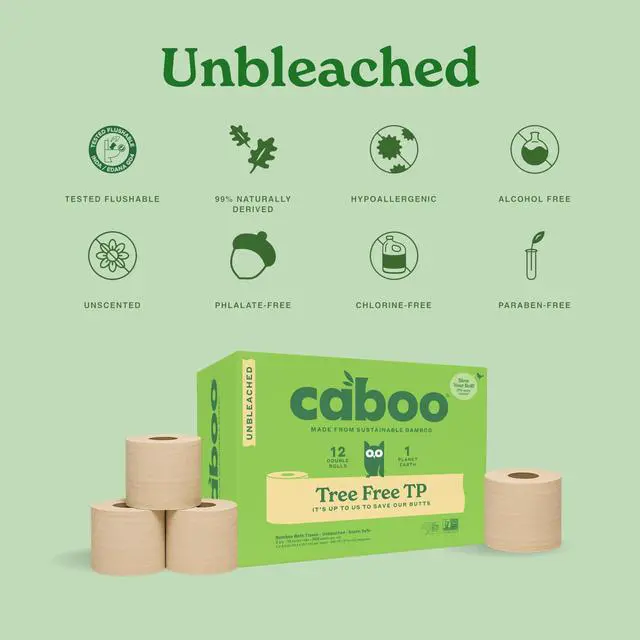 Alt view image 2 of 7 - Tree Free Unbleached Toilet Paper | Plastic Free Packaging, Septic Safe, Eco Friendly, Chemical Free, Non Toxic | 2 Ply Toilet Tissue, Pack of 12 Double Rolls, 300 Sheets Per Roll