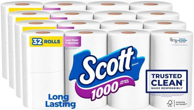 Main image of 1000 Trusted Clean Toilet Paper, 32 Rolls, Septic-Safe, 1-Ply Toilet Tissue