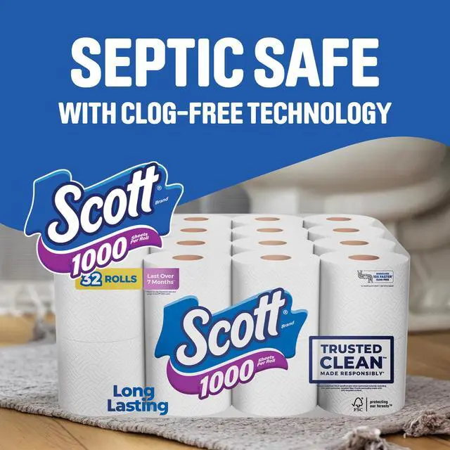 Alt view image 7 of 7 - 1000 Trusted Clean Toilet Paper, 32 Rolls, Septic-Safe, 1-Ply Toilet Tissue