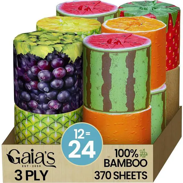 Main image of Premium and Soft Fruit TP Organic Bamboo Toilet Paper | 12 Mega Rolls, 3 Ply, 370 Sheets | FSC Certified, PFAS & BPA Free, Eco-Friendly, Sustainable Tissue - Plastic Free, Septic Safe, Vegan