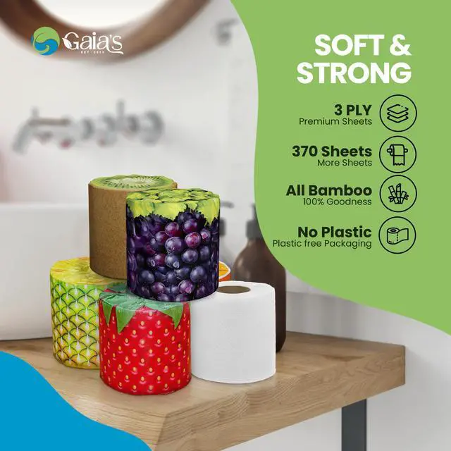 Alt view image 7 of 7 - Premium and Soft Fruit TP Organic Bamboo Toilet Paper | 12 Mega Rolls, 3 Ply, 370 Sheets | FSC Certified, PFAS & BPA Free, Eco-Friendly, Sustainable Tissue - Plastic Free, Septic Safe, Vegan