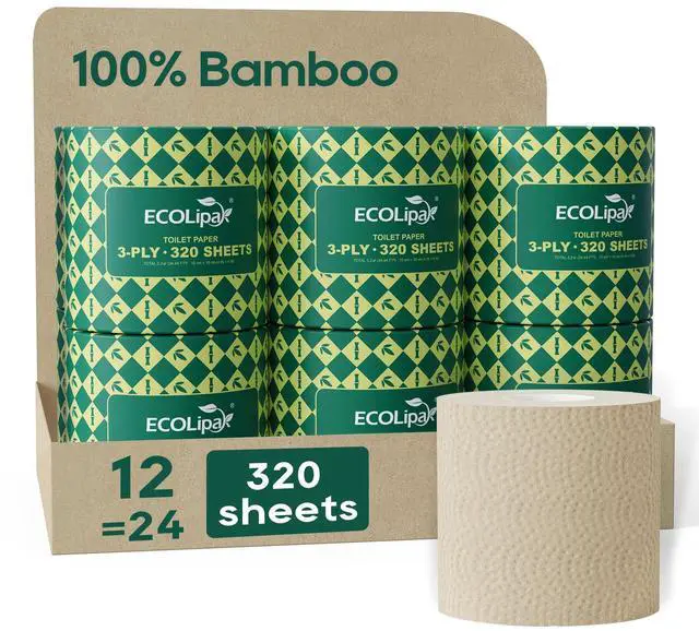 Main image of Bamboo Toilet Paper 3 Ply, Septic Safe Toilet Tissue, 12 Double Rolls, 320 Sheets Per Roll, Tree Free, Non Toxic, Soft and Absorbent, Eco Friendly Dye-Free Paper, Brown