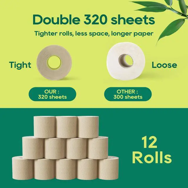 Alt view image 5 of 7 - Bamboo Toilet Paper 3 Ply, Septic Safe Toilet Tissue, 12 Double Rolls, 320 Sheets Per Roll, Tree Free, Non Toxic, Soft and Absorbent, Eco Friendly Dye-Free Paper, Brown