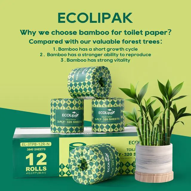 Alt view image 7 of 7 - Bamboo Toilet Paper 3 Ply, Septic Safe Toilet Tissue, 12 Double Rolls, 320 Sheets Per Roll, Tree Free, Non Toxic, Soft and Absorbent, Eco Friendly Dye-Free Paper, Brown