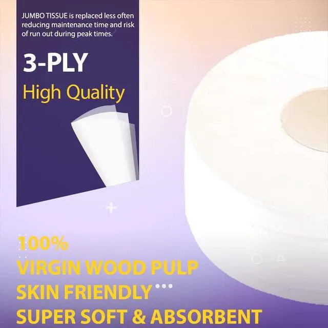 Alt view image 5 of 5 - Plees 3-Ply Jumbo Commercial Toilet Paper Roll Bathroom Tissue, 8 in Diameter, 4 Rolls/Case, White