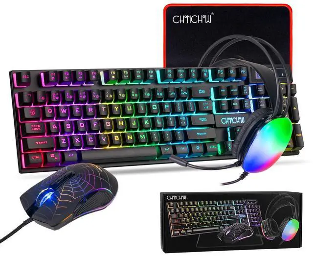 Main image of Gaming Keyboard Mouse Mousepad and Headset with mic Combo All in One USB Wired RGB Backlit Rainbow Side Button Gamer Bundle Set Compatible with PC Windows Xbox one PS4 PS5(Black)