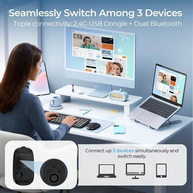 Alt view image 2 of 7 - Bluetooth Wireless Mouse, 3-Device Connection (USB & Dual Bluetooth), Ergonomic Mouse for Laptop, Rechargeable Quiet Click Computer Mouse, 3-Level DPI for Windows, Mac Chromebook,Black