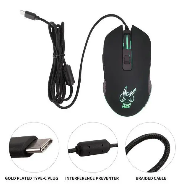 Alt view image 6 of 6 - Wired USB C Gaming Mouse, Silent RGB Gaming Mice 7 Colors Backlit, 2400 DPI, Type C RGB Wired Mouse Gaming for Office Home PC and Notebook and All Type-C Device (Black)