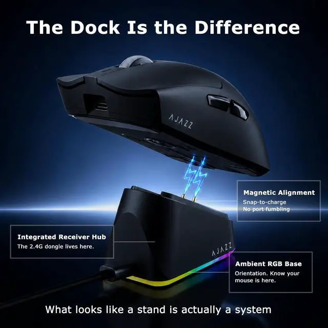 Alt view image 3 of 7 - Wireless Gaming Mouse with RGB Magnetic Charging Dock, Tri-Mode 2.4G/Bluetooth/Wired, 69g, Up to 24000 DPI, 800mAh Battery, 6 Programmable Buttons, On-Board Memory, 80M Clicks, Black
