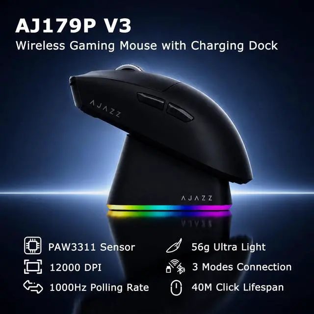 Alt view image 2 of 7 - Wireless Gaming Mouse with RGB Magnetic Charging Dock, Tri-Mode 2.4G/Bluetooth/Wired, 69g, Up to 24000 DPI, 800mAh Battery, 6 Programmable Buttons, On-Board Memory, 80M Clicks, Black