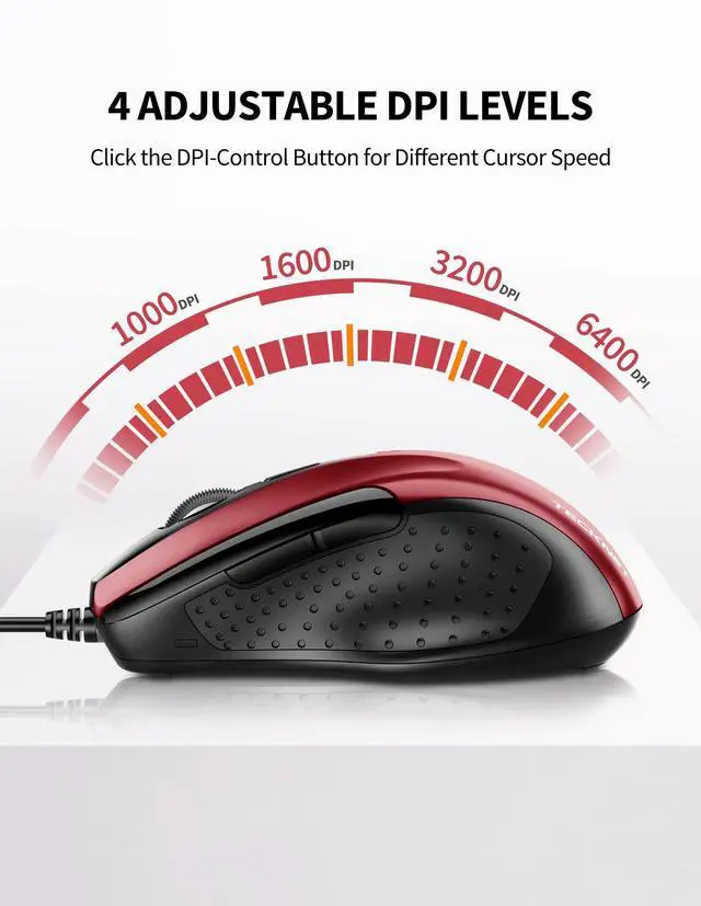 Alt view image 2 of 7 - USB Wired Mouse, 6-Button Corded Computer Mouse with 4 Adjustable DPI, Optical Computer Mice with Ergonomic Design and 5FT Cord for Laptop, Chromebook, PC, Desktop, Mac, Notebook - Dard Red