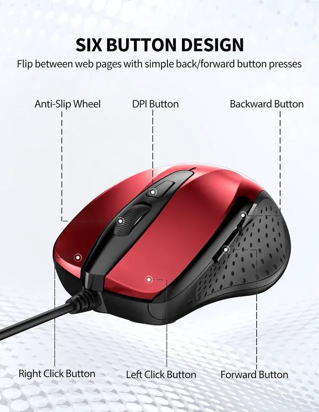 Alt view image 3 of 7 - USB Wired Mouse, 6-Button Corded Computer Mouse with 4 Adjustable DPI, Optical Computer Mice with Ergonomic Design and 5FT Cord for Laptop, Chromebook, PC, Desktop, Mac, Notebook - Dard Red