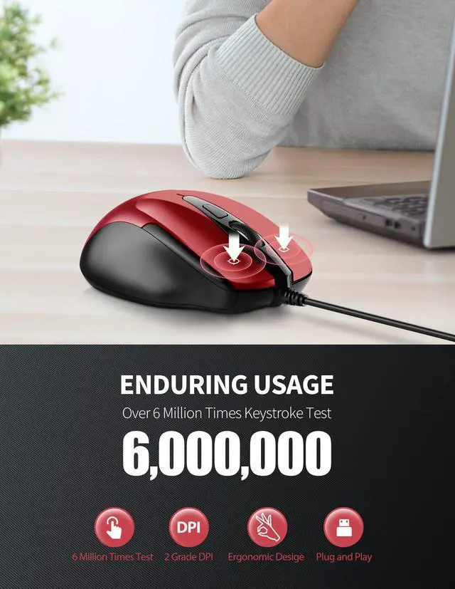 Alt view image 4 of 7 - USB Wired Mouse, 6-Button Corded Computer Mouse with 4 Adjustable DPI, Optical Computer Mice with Ergonomic Design and 5FT Cord for Laptop, Chromebook, PC, Desktop, Mac, Notebook - Dard Red