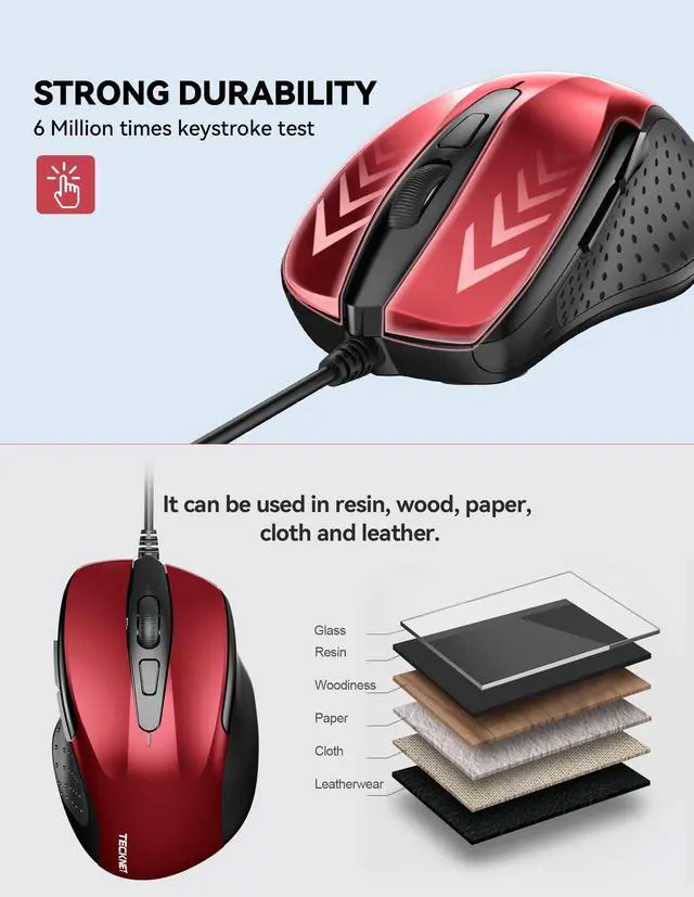 Alt view image 6 of 7 - USB Wired Mouse, 6-Button Corded Computer Mouse with 4 Adjustable DPI, Optical Computer Mice with Ergonomic Design and 5FT Cord for Laptop, Chromebook, PC, Desktop, Mac, Notebook - Dard Red