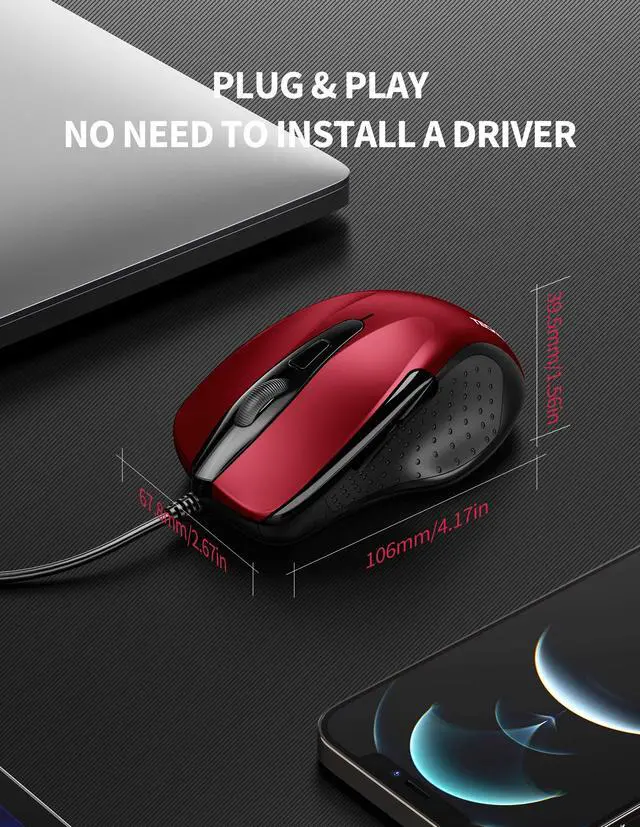 Alt view image 5 of 7 - USB Wired Mouse, 6-Button Corded Computer Mouse with 4 Adjustable DPI, Optical Computer Mice with Ergonomic Design and 5FT Cord for Laptop, Chromebook, PC, Desktop, Mac, Notebook - Dard Red