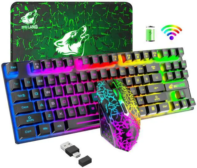 Main image of Wireless Gaming Keyboard and Mouse Combo,Rainbow Backlit Rechargeable 3800mAh Battery,87 Keys Mechanical Feel Ergonomic Waterproof Keyboard,RGB Gaming Mute Mouse and Mousepad for PC Gamers (Black)