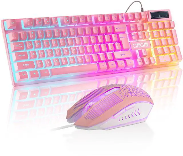 Main image of Pink Gaming Keyboard and Mouse Combo with LED, 104 Keys Wired Light Up Pink Keyboard and Cute Mouse Set for PC Laptop Computer PS4 PS5 Xbox, 19 Keys Anti-ghosting, Multimedia Keys, Number Pad