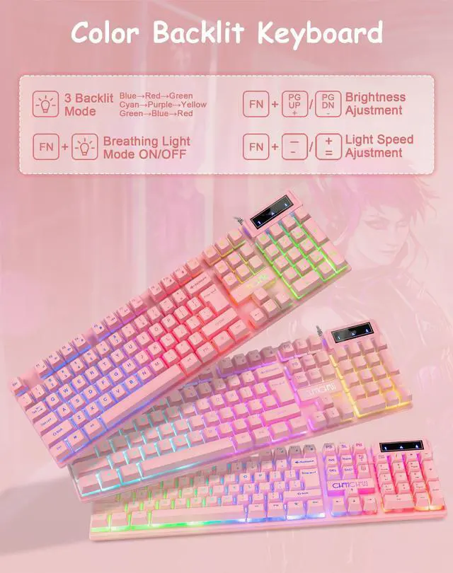Alt view image 2 of 7 - Pink Gaming Keyboard and Mouse Combo with LED, 104 Keys Wired Light Up Pink Keyboard and Cute Mouse Set for PC Laptop Computer PS4 PS5 Xbox, 19 Keys Anti-ghosting, Multimedia Keys, Number Pad